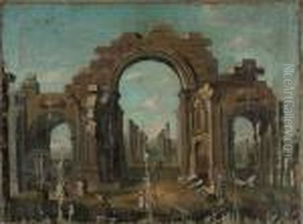 An Architectural Capriccio With Classical Figures Oil Painting by Giovanni Niccolo Servandoni