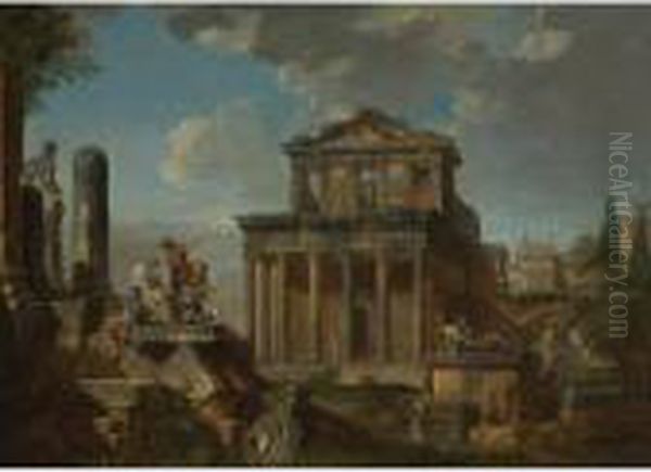 Capriccio With The Temple Of The Divine Antoninus Pius Andfaustina Oil Painting by Giovanni Niccolo Servandoni