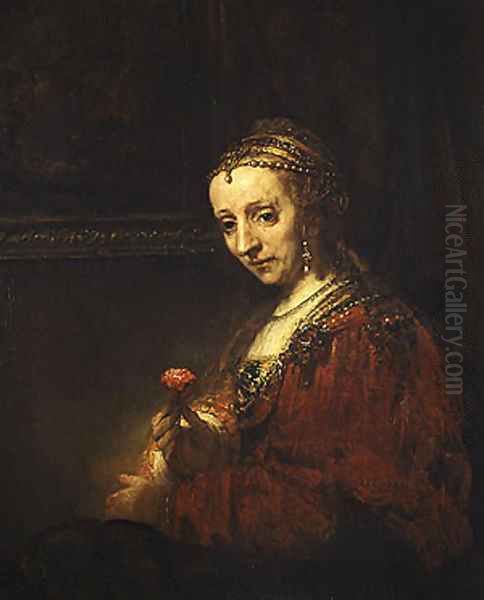 Woman with a Pink early 1660s Oil Painting by Harmenszoon van Rijn Rembrandt