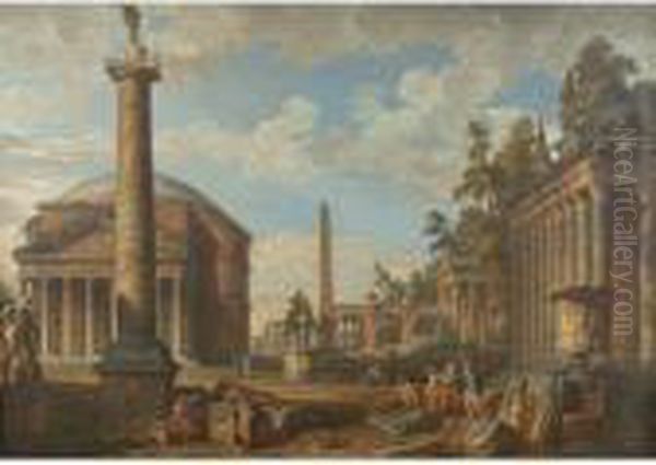 An Architectural Capriccio Oil Painting by Giovanni Niccolo Servandoni