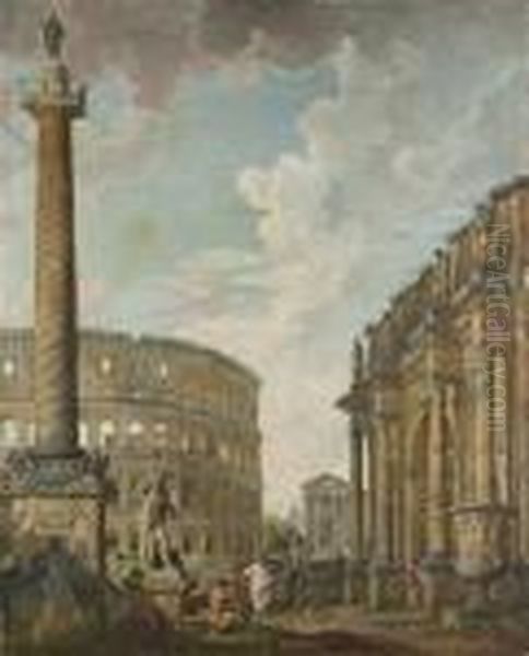 A Capriccio Of Roman Ruins, With
 The Trajan's Column, The Farnese Hercules, The Coloseum, The Pyramid Of
 Cestius, The Temple Of Fortuna Virilis, The Arch Of Constantine And The
 Borghese Vase Oil Painting by Giovanni Niccolo Servandoni