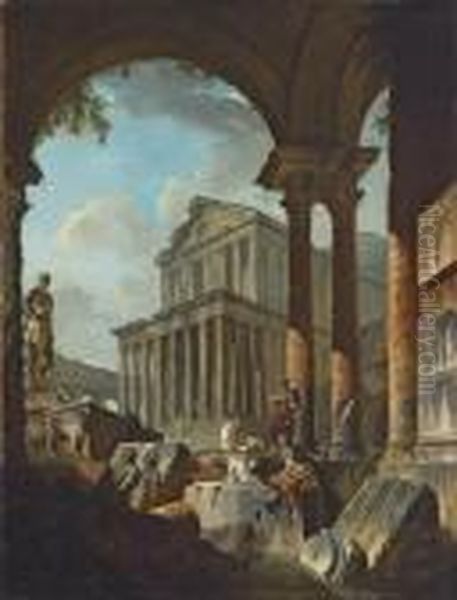 A Capriccio Of Classical Ruins 
Of The Roman Forum With Figures Conversing Amongst Architectural 
Fragments Oil Painting by Giovanni Niccolo Servandoni