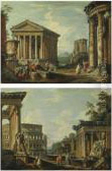 An Architectural Capriccio With Roman Ruins Oil Painting by Giovanni Niccolo Servandoni