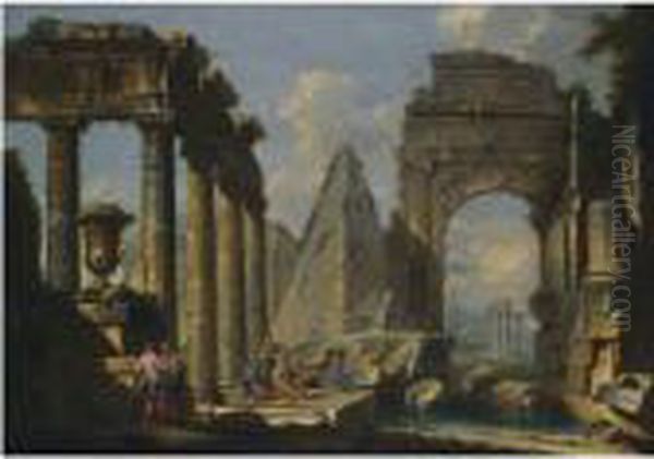 A Landscape With Classical Ruins And Figures Resting In The Foreground Oil Painting by Giovanni Niccolo Servandoni