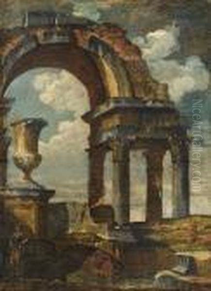 A 
Capriccio 
Of Roman Ruins 
Oil On Canvas Oil Painting by Giovanni Niccolo Servandoni