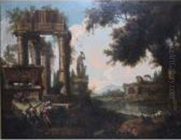 Landscape With Figures And Classical Ruins Oil Painting by Giovanni Niccolo Servandoni