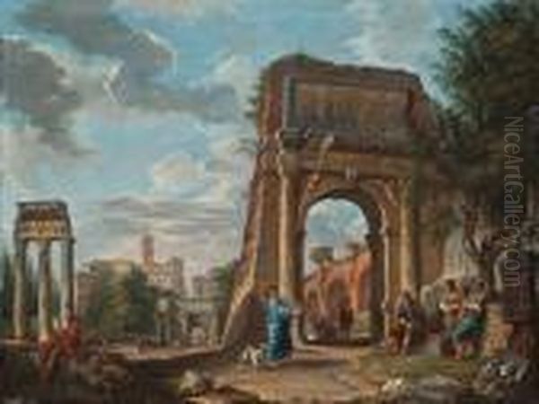 Il Foro Romano Dall'arco Di Tito Con Figure Con Il Campidoglio Sullo Sfondo Oil Painting by Giovanni Niccolo Servandoni