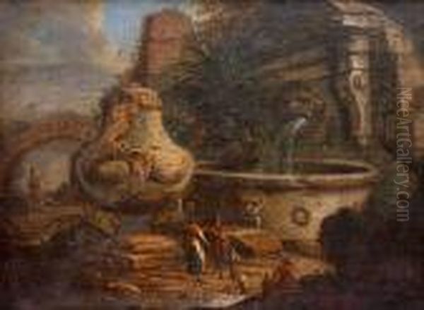 Pilgrims At A Fountain Oil Painting by Giovanni Niccolo Servandoni