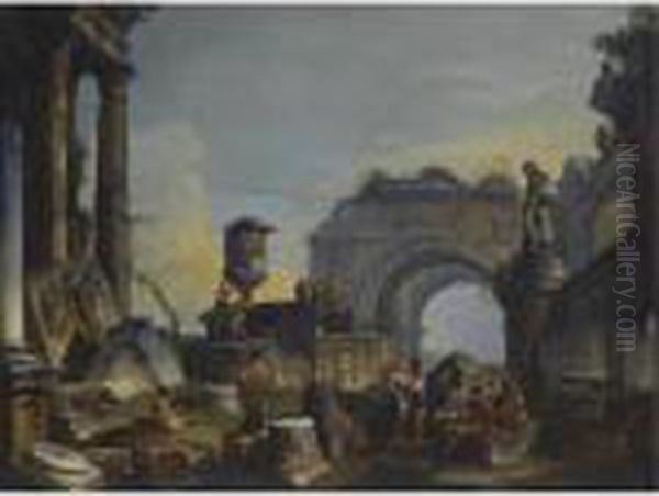 An Architectural Capriccio With Figures Amongst Ancient Ruins Oil Painting by Giovanni Niccolo Servandoni