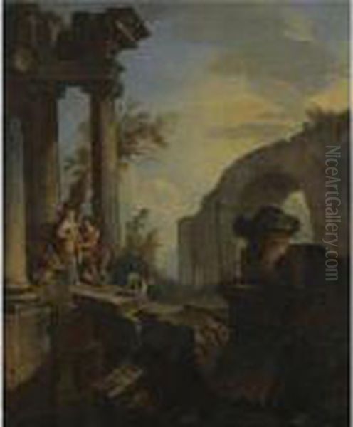 An Architectural Capriccio With A Couple Seated And A Dog Beneath Ruined Columns Oil Painting by Giovanni Niccolo Servandoni