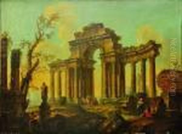 Personnages Parmi Des Ruines Romaines Oil Painting by Giovanni Niccolo Servandoni