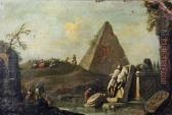 Paysage De Ruines Antiques Aux Pecheurs Et Au Troupeau Oil Painting by Giovanni Niccolo Servandoni