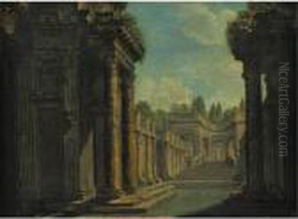 Architectural Capriccio With Roman Ruins Oil Painting by Giovanni Niccolo Servandoni