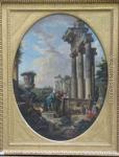 Tourists Inspecting Ancient Roman Monuments Oil Painting by Giovanni Niccolo Servandoni