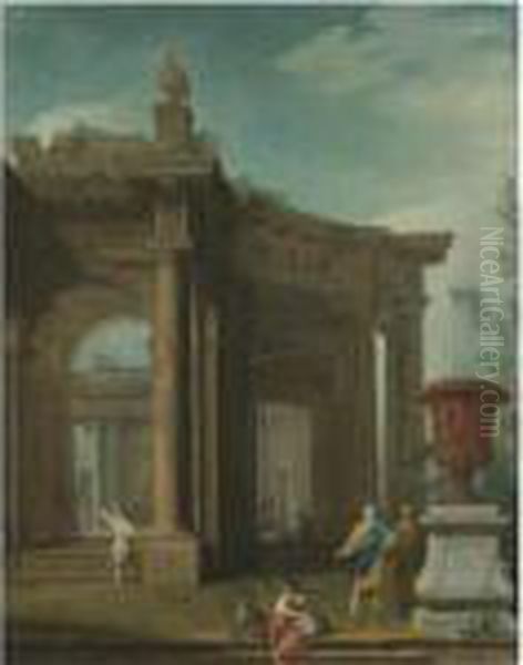 A Capriccio Scene Of Classical Ruins With Figures Resting In Theforeground Oil Painting by Giovanni Niccolo Servandoni