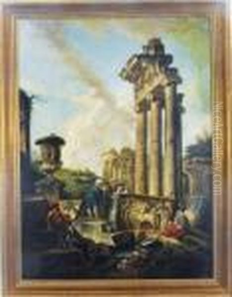 Figures Amongst Architectural Ruins; And A Companion Painting Oil Painting by Giovanni Niccolo Servandoni