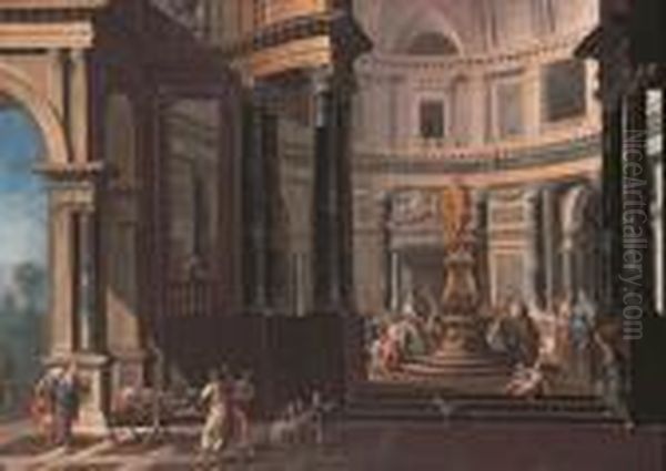 Pair Of Works: Two Large Architectural Interiors. Oil Painting by Giovanni Niccolo Servandoni