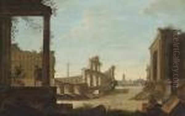 A Capriccio Of Classical Ruins With Figures At Rest Oil Painting by Giovanni Niccolo Servandoni