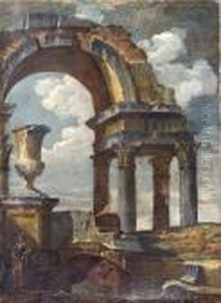 Capriccio Architettonicocon Vaso Monumentale, Arco In Rovina E Soldato A Riposo Oil Painting by Giovanni Niccolo Servandoni