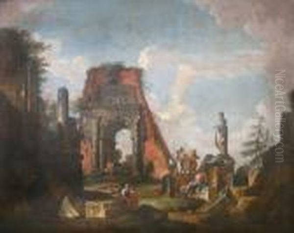 Personnages Dans Les Ruines De L'arc De Vespasien A Rome Oil Painting by Giovanni Niccolo Servandoni