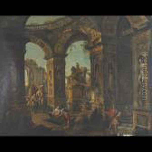 Soldiers At A Tomb Amongst Ruins Oil Painting by Giovanni Niccolo Servandoni