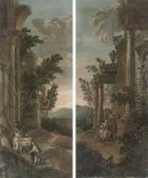 An Architectural Capriccio With 
Figures Conversing, A Dog In Theforeground; And An Architectural 
Capriccio With A Gentlemancourting A Lady, With Figures By An Obelisk Oil Painting by Giovanni Niccolo Servandoni