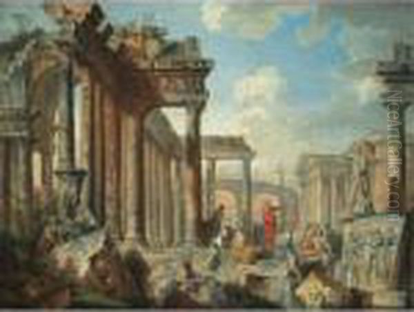 A Capriccio View Of Architectural Ruins With Saint Peter Preaching Oil Painting by Giovanni Niccolo Servandoni