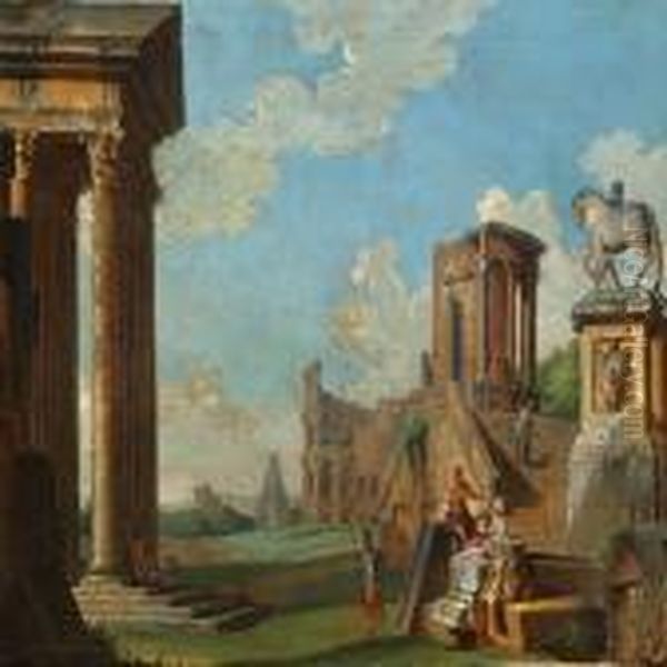 Capriccio With Figures Among Classical Ruins Oil Painting by Giovanni Niccolo Servandoni