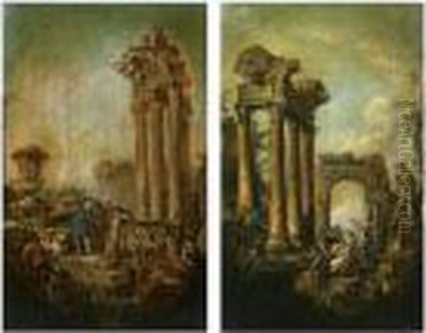 Elegant Figures By Roman Ruins Oil Painting by Giovanni Niccolo Servandoni