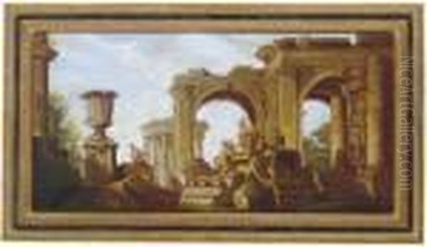 Figures Amongst Classical Ruins Oil Painting by Giovanni Niccolo Servandoni