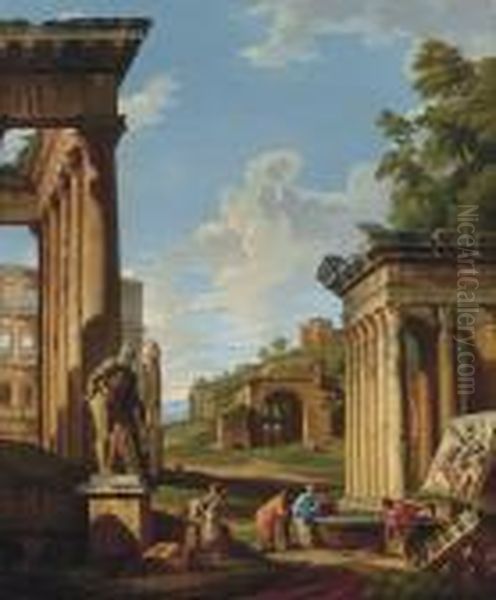 Capriccio Architettonico Con Rovine Romane Oil Painting by Giovanni Niccolo Servandoni