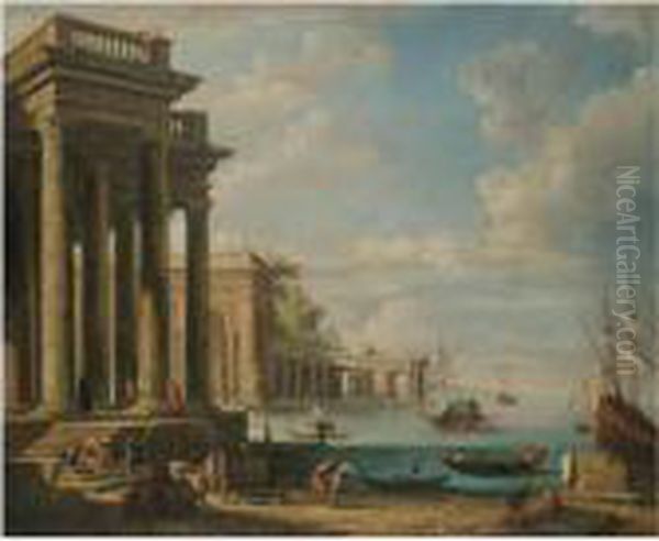 A Capriccio Of A Mediterranean Harbour Scene Oil Painting by Giovanni Niccolo Servandoni