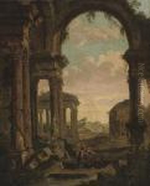 An Architectural Capriccio With Figures Amongst Classical Ruins, The Pantheon Beyond Oil Painting by Giovanni Niccolo Servandoni