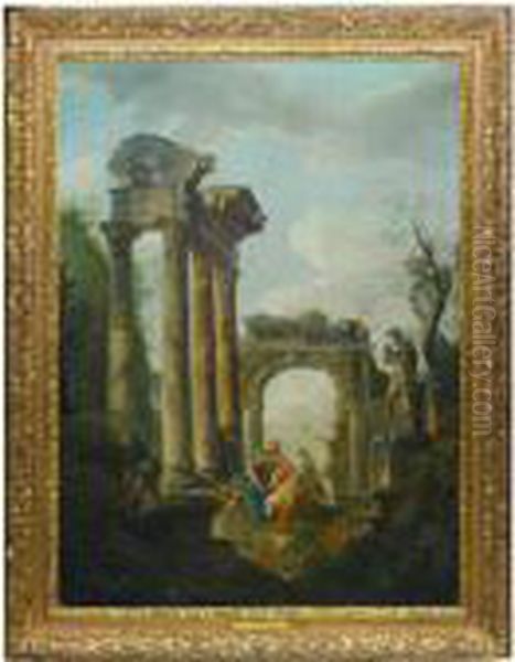 Figures Amidst Capricci Of Classical Ruins Oil Painting by Giovanni Niccolo Servandoni