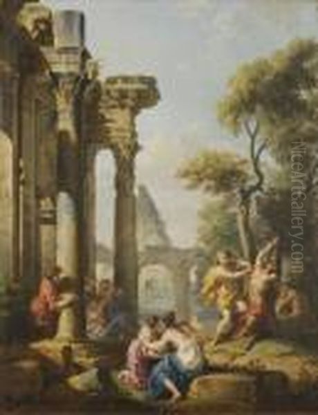 Marsia Sfida Apollo Di Fronte Al Re Mida Apollo Scortica Marsia Dopo La Vittoria Oil Painting by Giovanni Niccolo Servandoni