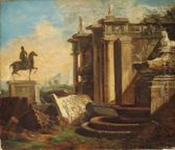 Panini Style Or Copy After, 18th Century: An Equestrian Statue And Classic Ruins Oil Painting by Giovanni Niccolo Servandoni