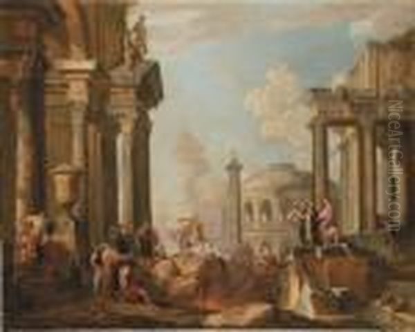 Capriccio Con Architetture E Marco Curzio Che Si Getta Nella Voragine Oil Painting by Giovanni Niccolo Servandoni