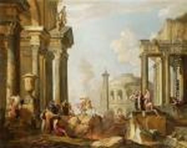 Capriccio Con Architetture E Marco Curzio Che Si Getta Nella Voragine Oil Painting by Giovanni Niccolo Servandoni