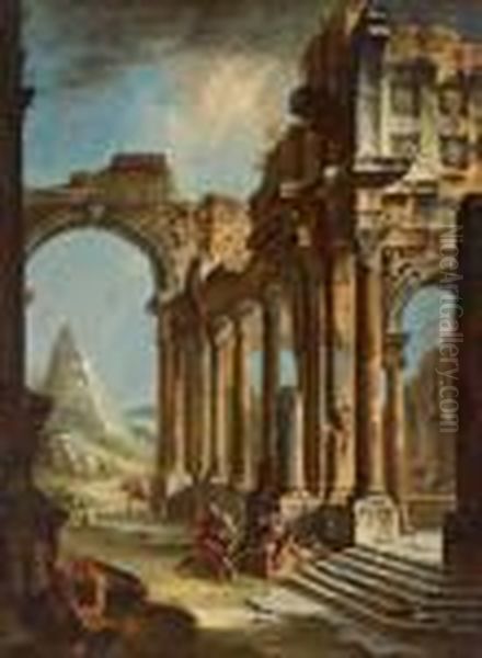 Ito Fulmine Sulla Piramide Cestia A Roma Olio Su Tela Oil Painting by Giovanni Niccolo Servandoni