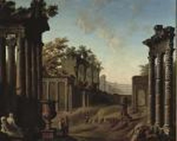 A Roman Capriccio Oil Painting by Giovanni Niccolo Servandoni