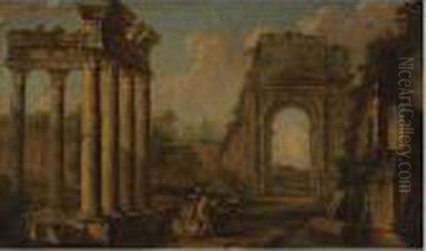 An Architectural Capriccio Oil Painting by Giovanni Niccolo Servandoni