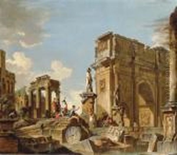 A Capriccio Of Classical Ruins With The Arch Of Constantine And Figures Conversing Oil Painting by Giovanni Niccolo Servandoni