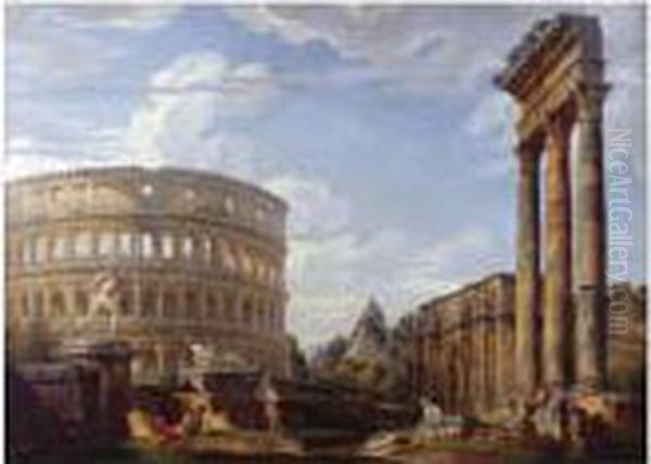 An Architectural Capriccio With The Colosseum And The Arch Of Constantine Oil Painting by Giovanni Niccolo Servandoni