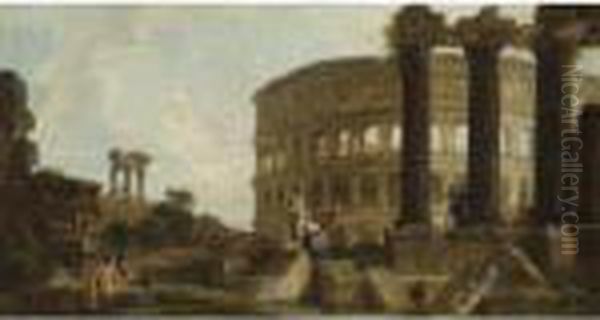 Capriccio Architettonico Con Figure E Il Colosseo Sul Fondo Oil Painting by Giovanni Niccolo Servandoni