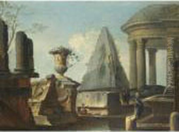 Capriccio Architettonico Con Figure E Piramide Sul Fondo Oil Painting by Giovanni Niccolo Servandoni