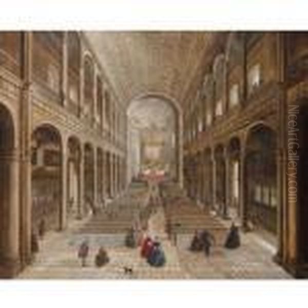 An Elegant Company In A Church Interior Oil Painting by Giovanni Niccolo Servandoni