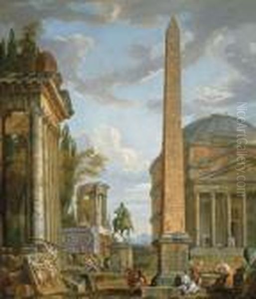 A Capriccio With Figures 
Gathered Around The Obelisk Of Augustus, A View Of The Pantheon, The 
Statue Of Marcus Aurelius And The Temple Of Sybil, Tivoli Oil Painting by Giovanni Niccolo Servandoni