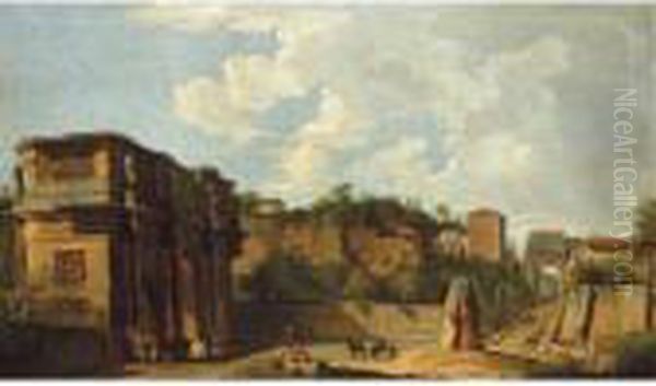 Rome, A View Of The East End Of 
The Palatine Hill, The Arch Of Constantine, And The Arch Of Titus Beyond Oil Painting by Giovanni Niccolo Servandoni