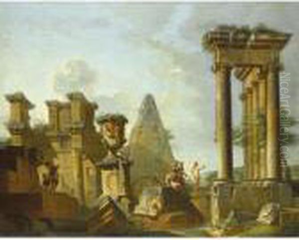 Figures Amongst Classical Ruins, Including The Pyramid Of Gaius Cestius by Giovanni Niccolo Servandoni