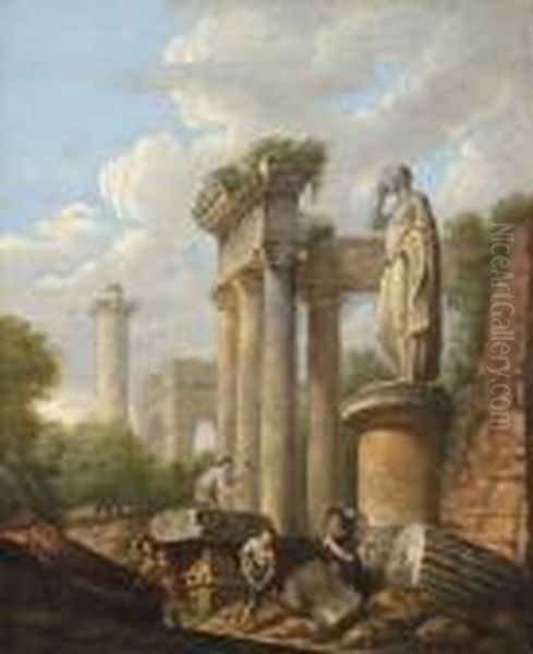 Architectural Capriccio With 
Figures Excavating Classical Ruins Trajan's 
Column Beyond Oil Painting by Giovanni Niccolo Servandoni